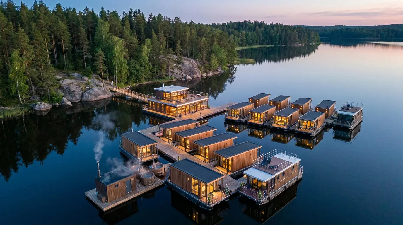 Schwimmendes Dorf aus Holzvillen an Stegen auf einem finnischen See in der Dämmerung