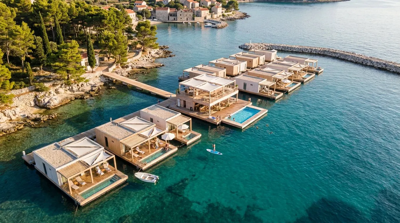 Schwimmende Villen mit Pools in einer türkisfarbenen Mittelmeerbucht