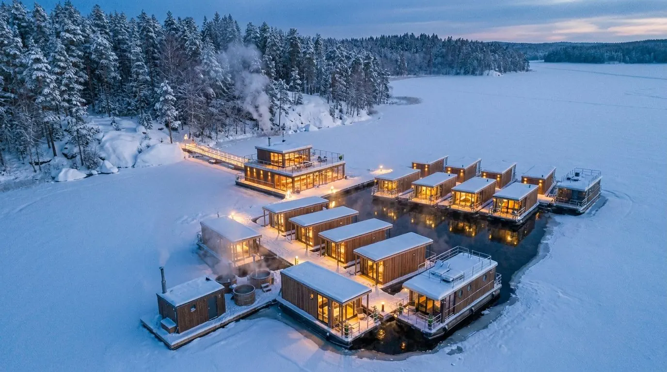 Beleuchtetes schwimmendes Dorf auf einem verschneiten, zugefrorenen See