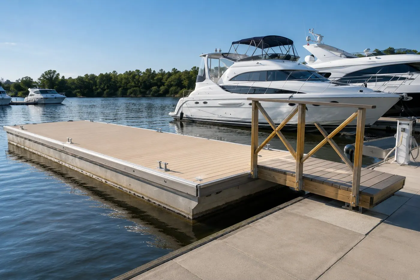 Marina-Pontons aus Beton mit Holzlandgang und festgemachten Motoryachten