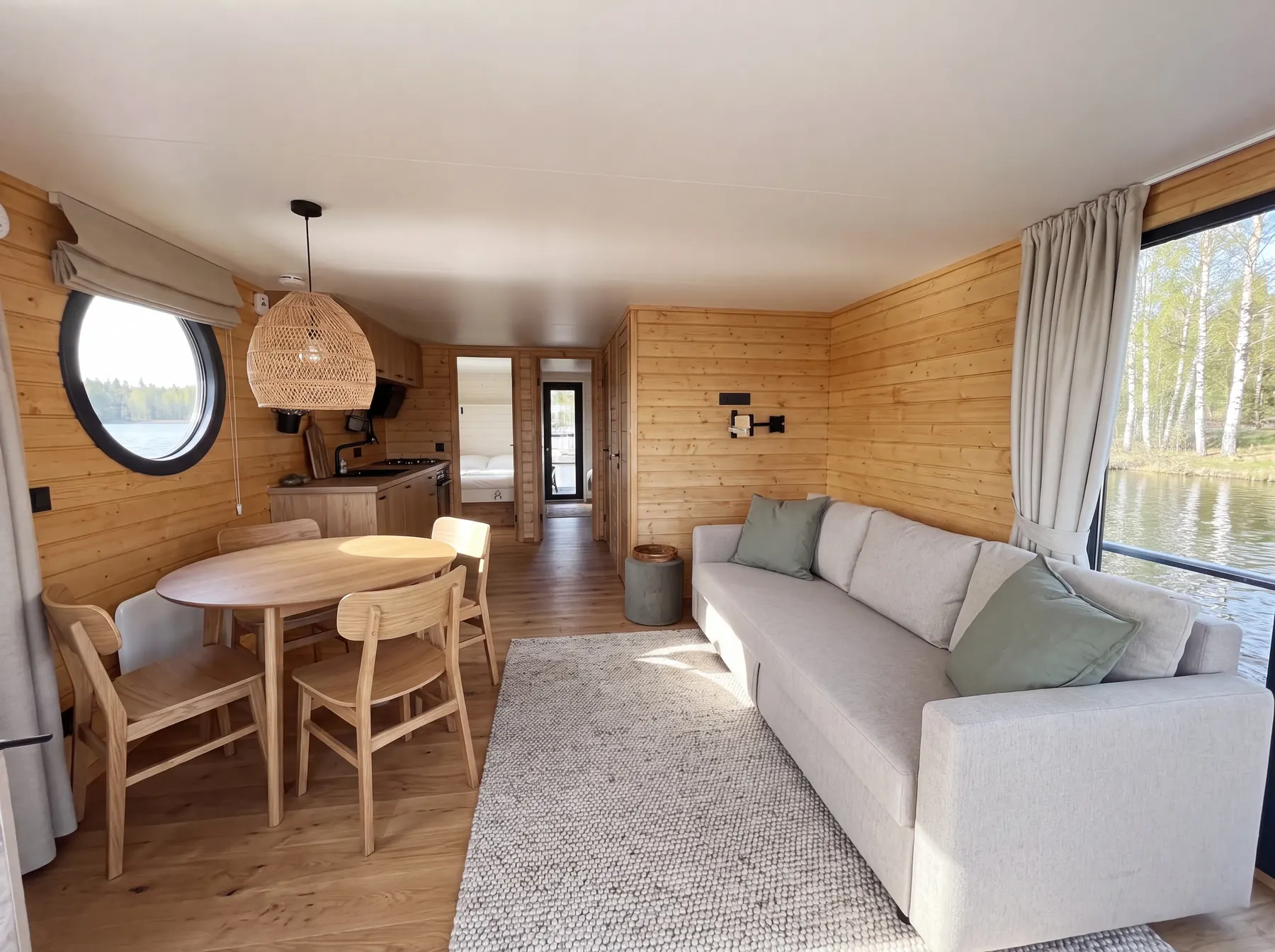 Naturholz-Salon der Nordic ECO Wood 40 mit Bullauge und Seeblick