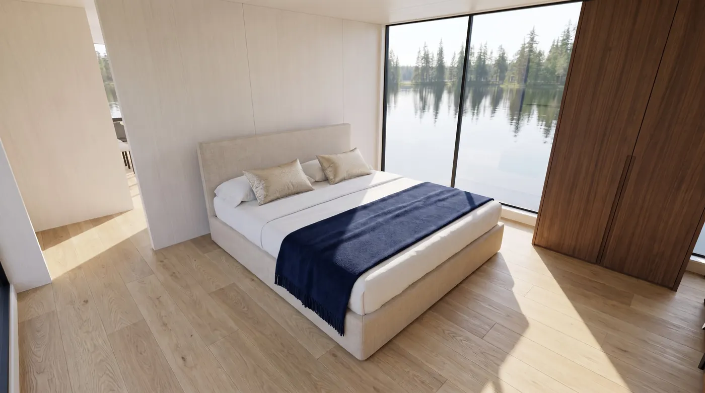 Kabine der Nordic Sabre 39 mit breitem Fenster zum Wald