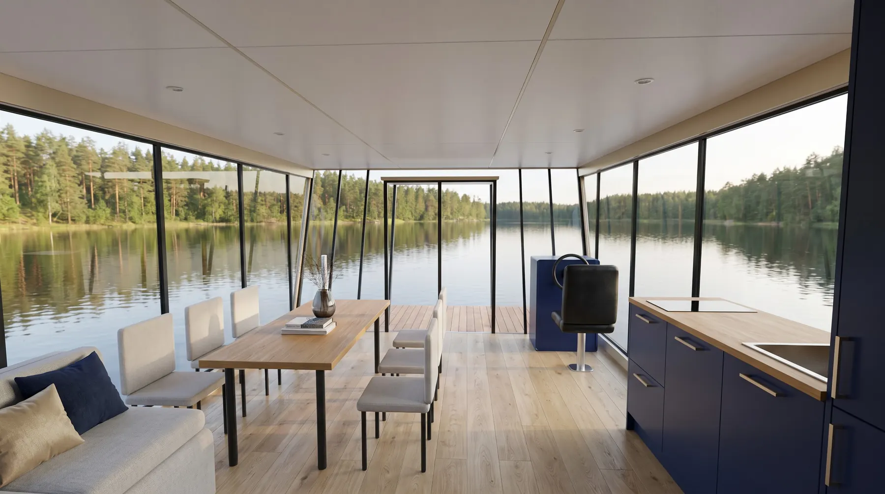 Heller Salon der Nordic Sabre 49 mit Panoramaverglasung zum See