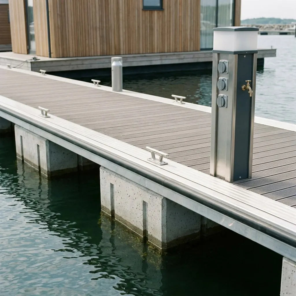 Ponton mit Holzdeck und Versorgungssäule neben einem festgemachten Hausboot