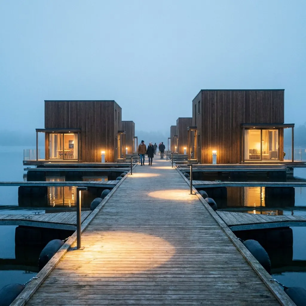 Pontonsteg mit niedrigen Lichtsäulen, der zur blauen Stunde zu schwimmenden Villen führt